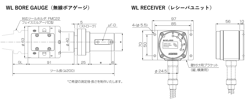 外観図 無線ボアゲージ / レシーバユニット