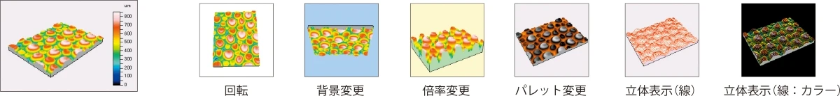 回転、背景変更、倍率変更、パレット変更、立体表示(線)立体表示(線カラー)