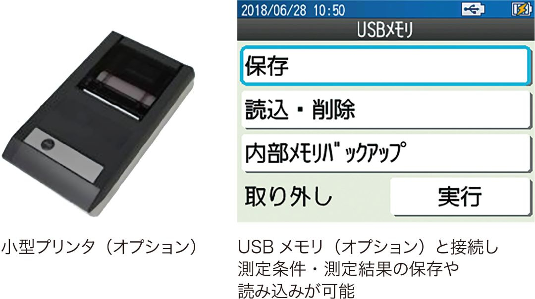 小型プリンタ（オプション）、USBメモリ（オプション）と接続し測定条件・測定結果の保存や読み込みが可能